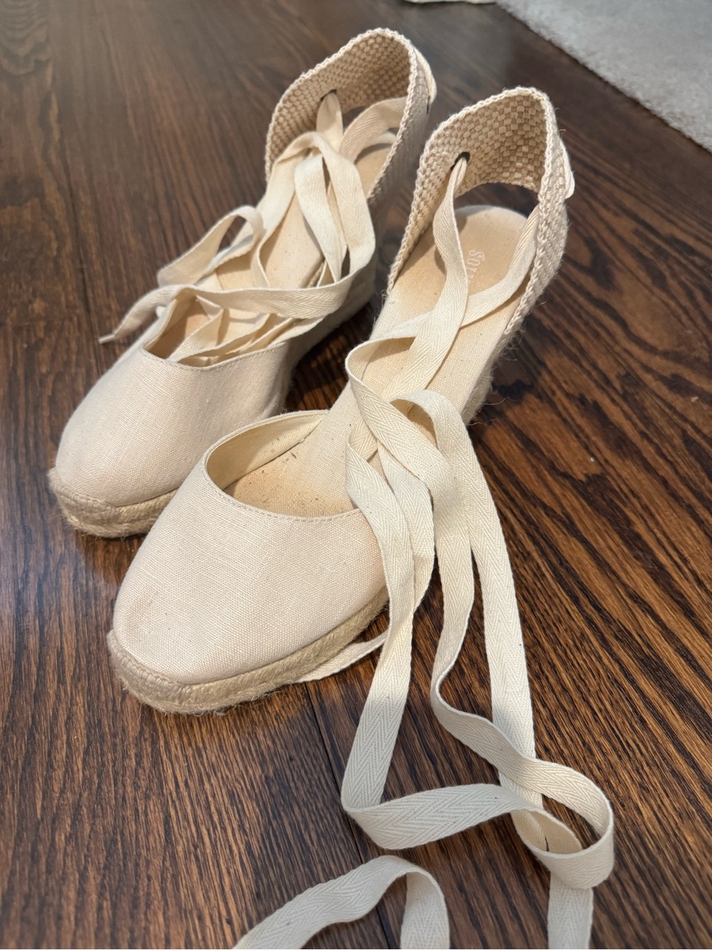 Canvas Espadrille Wedge Lace-Up Shoes in Cream